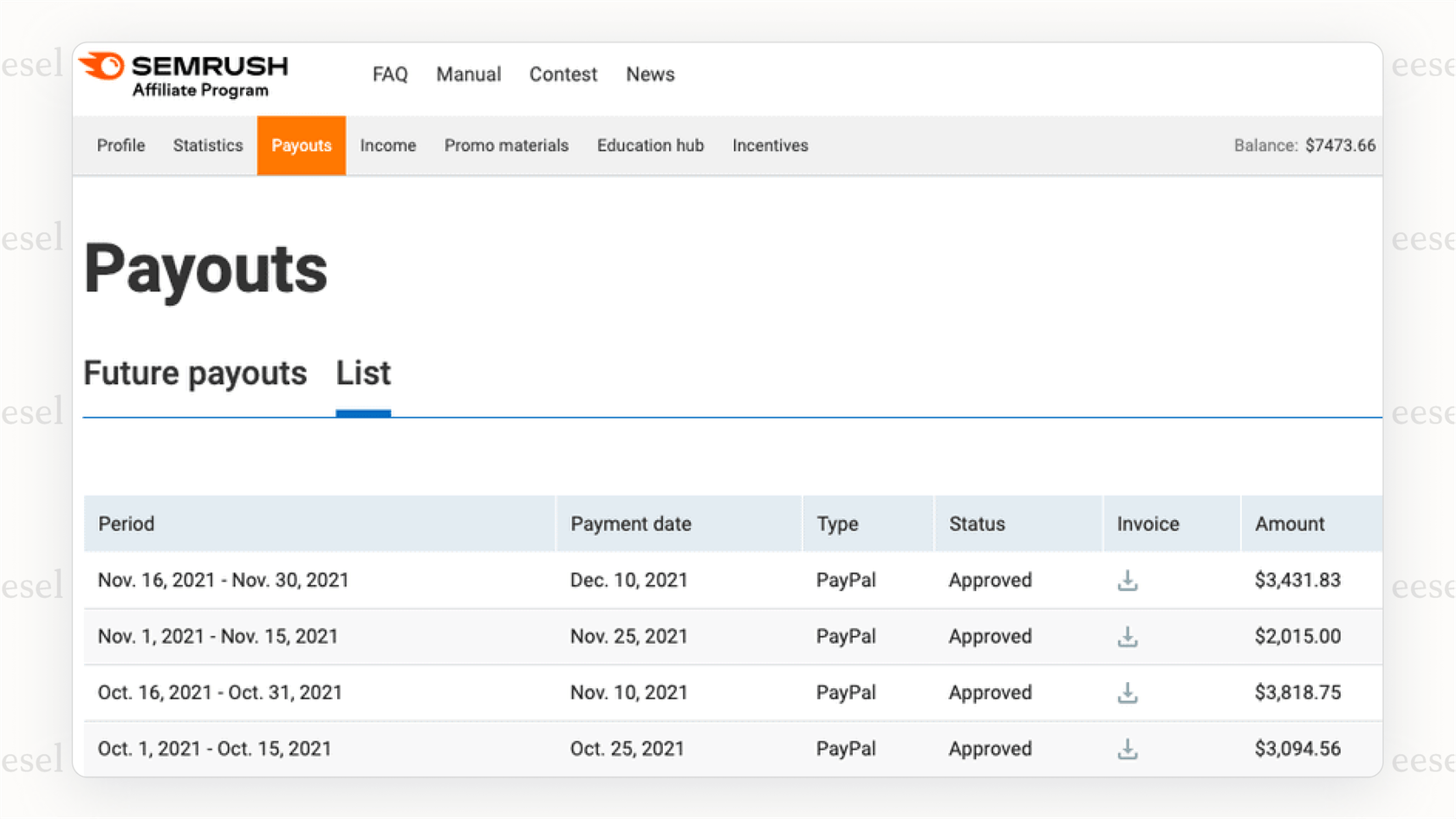 Ein Screenshot des Semrush-Partner-Dashboards, der das robuste Tracking und die verfügbaren Marketing-Assets in einem der besten SaaS-Partnerprogramme illustriert.