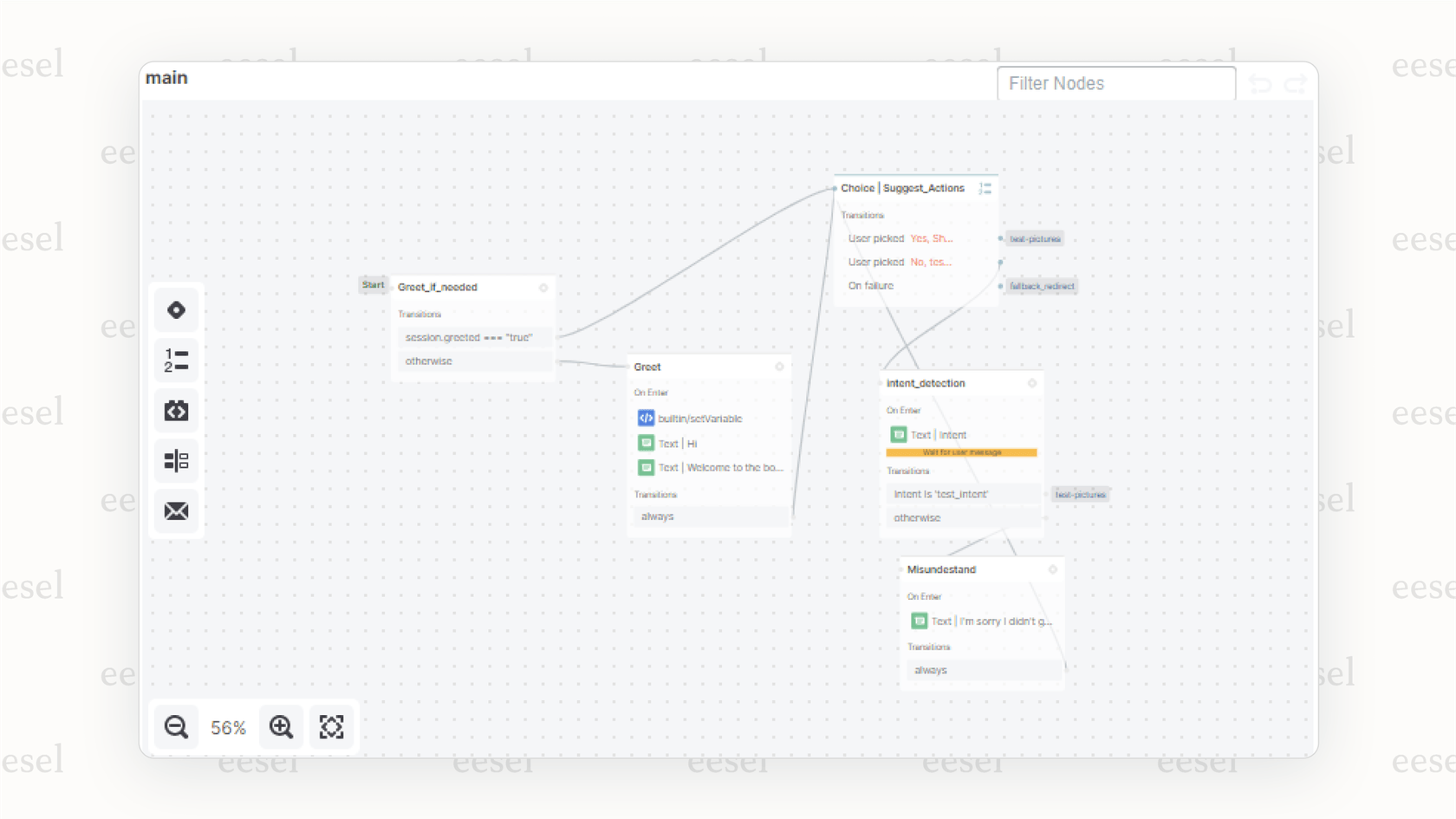 Screenshot of the Botpress Studio showing a detailed chatbot workflow