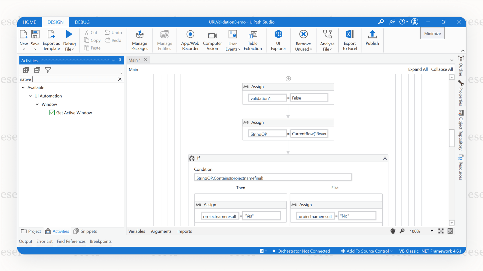 A screenshot from UiPath Studio where a software robot is programmed, showcasing how AI for workflows can automate document processing and data entry.