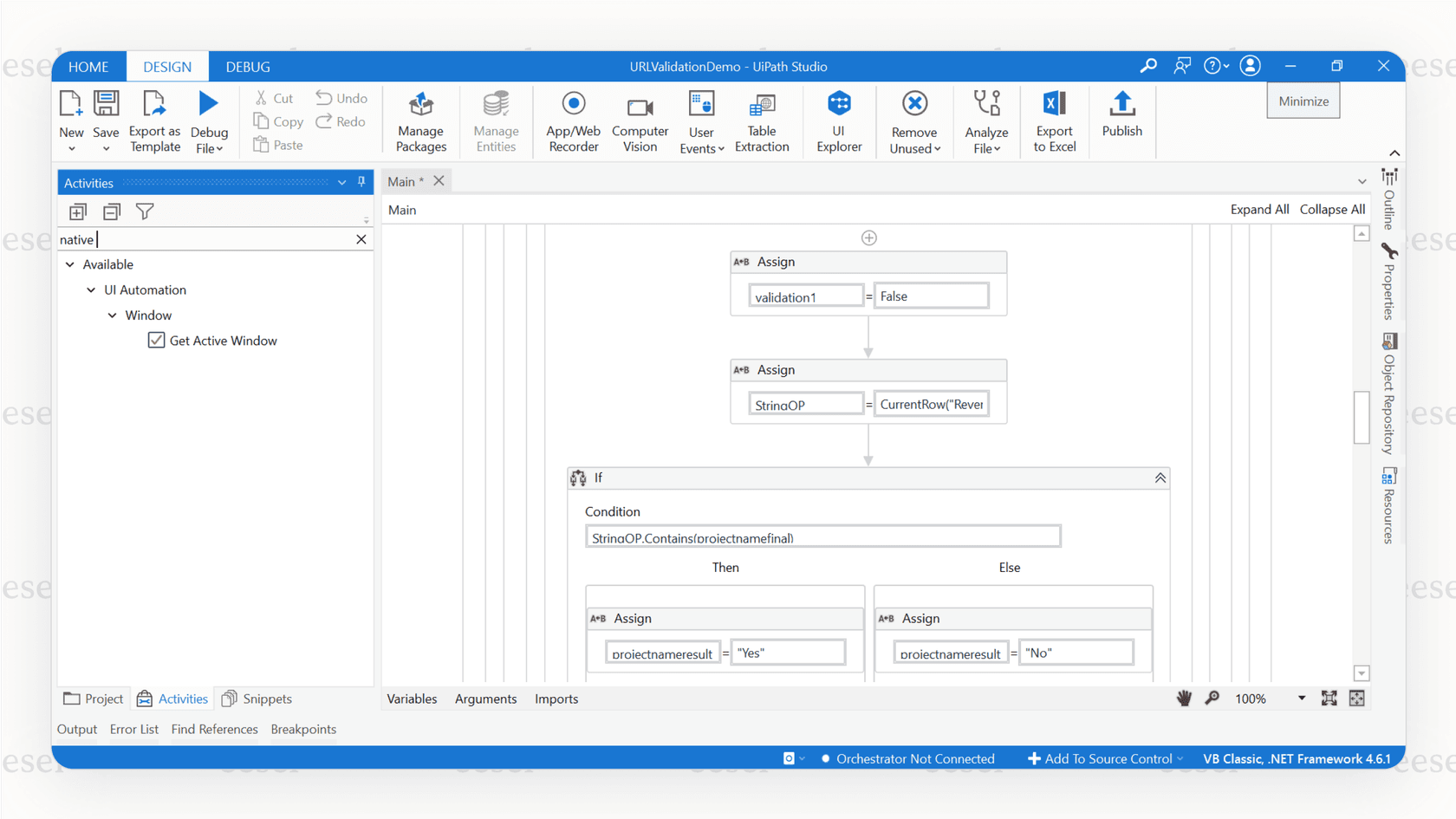 Ein Screenshot von UiPath Studio, in dem ein Software-Roboter programmiert wird, der zeigt, wie KI für Workflows zur Automatisierung von Dokumentenverarbeitung und Dateneingabe verwendet werden kann.