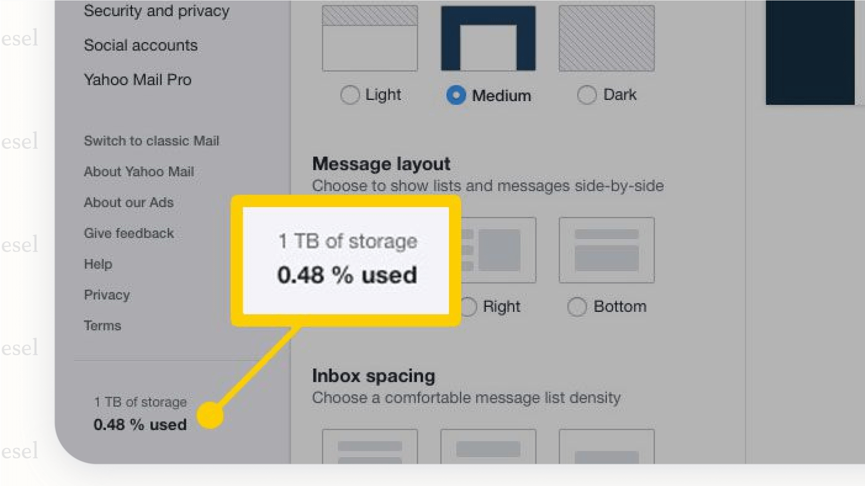 A screenshot of the Yahoo Mail interface highlighting its 1TB of free storage, making it one of the most generous free gmail alternatives available.