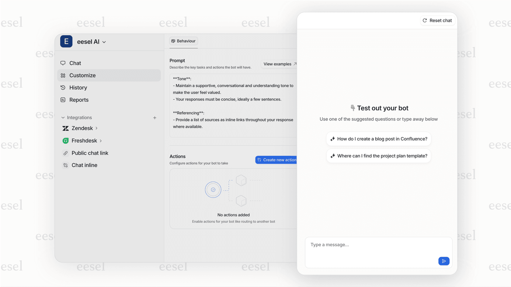 A screenshot of the eesel AI simulation mode, a key feature for testing AI analytics. It shows a past customer ticket and provides a side-by-side comparison of the original human reply and the reply the AI would have generated, along with an accuracy score.