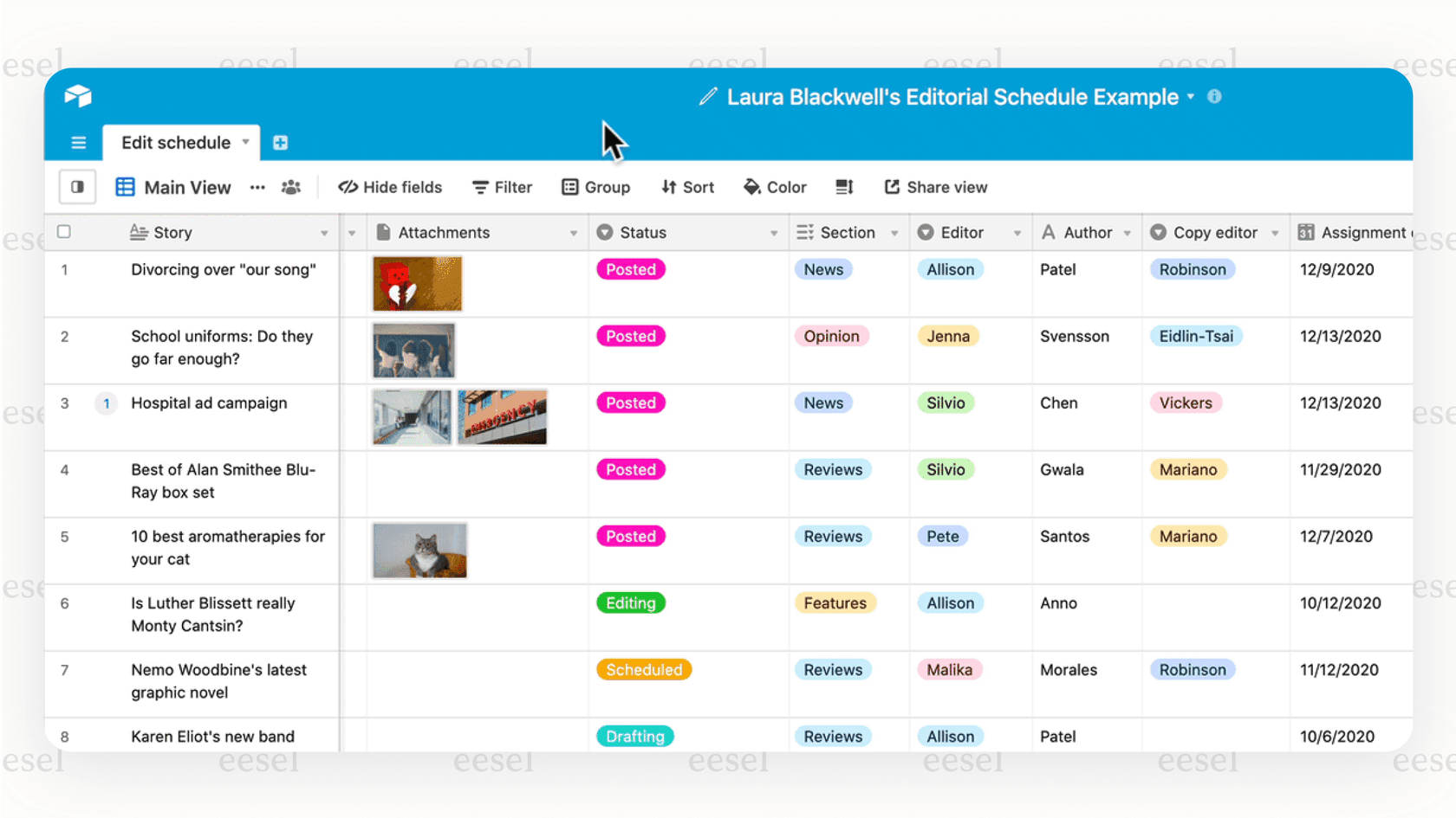 An Airtable interface, a strong database-focused Notion alternative, showing multiple data visualizations like grids and calendars from a single dataset.