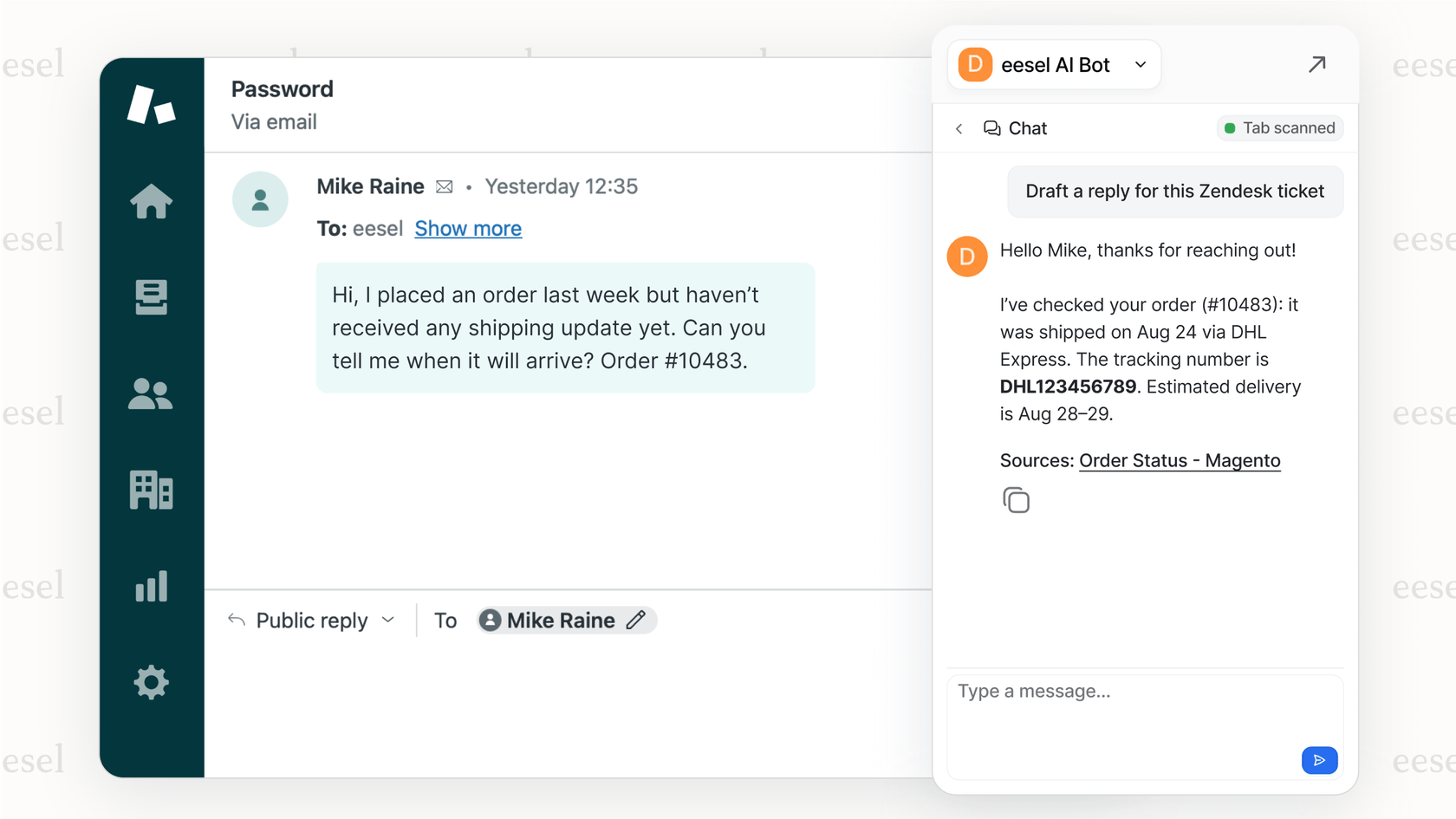 An AI agent from eesel AI automatically handling a customer inquiry, showing how automation can manage rising support costs.::