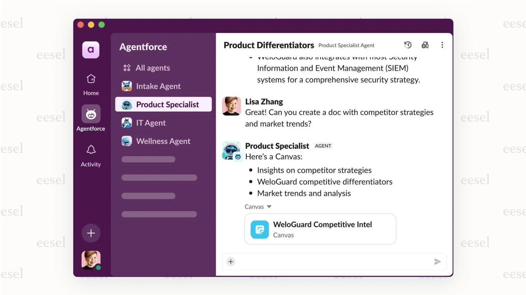 A screenshot of the Slack user interface with an Agentforce AI agent responding to a user