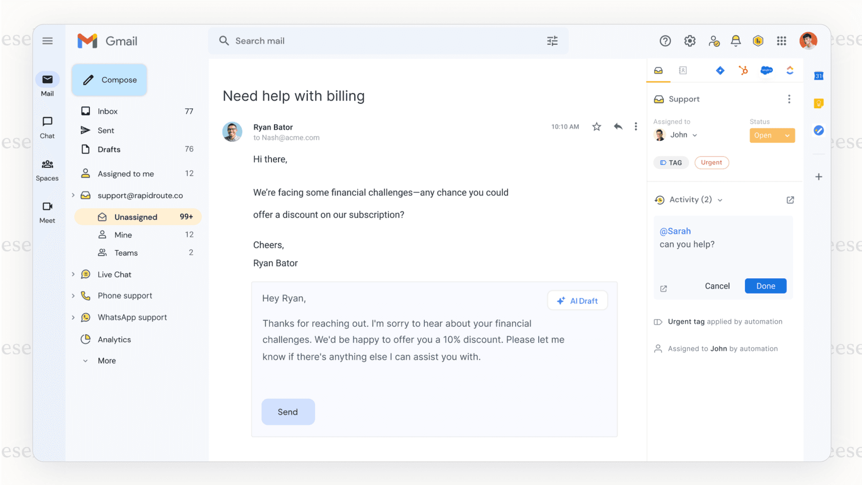 Screenshot showing Hiver integrated into the Gmail interface, highlighting why it is one of the top Help Scout alternatives for Google Workspace users.