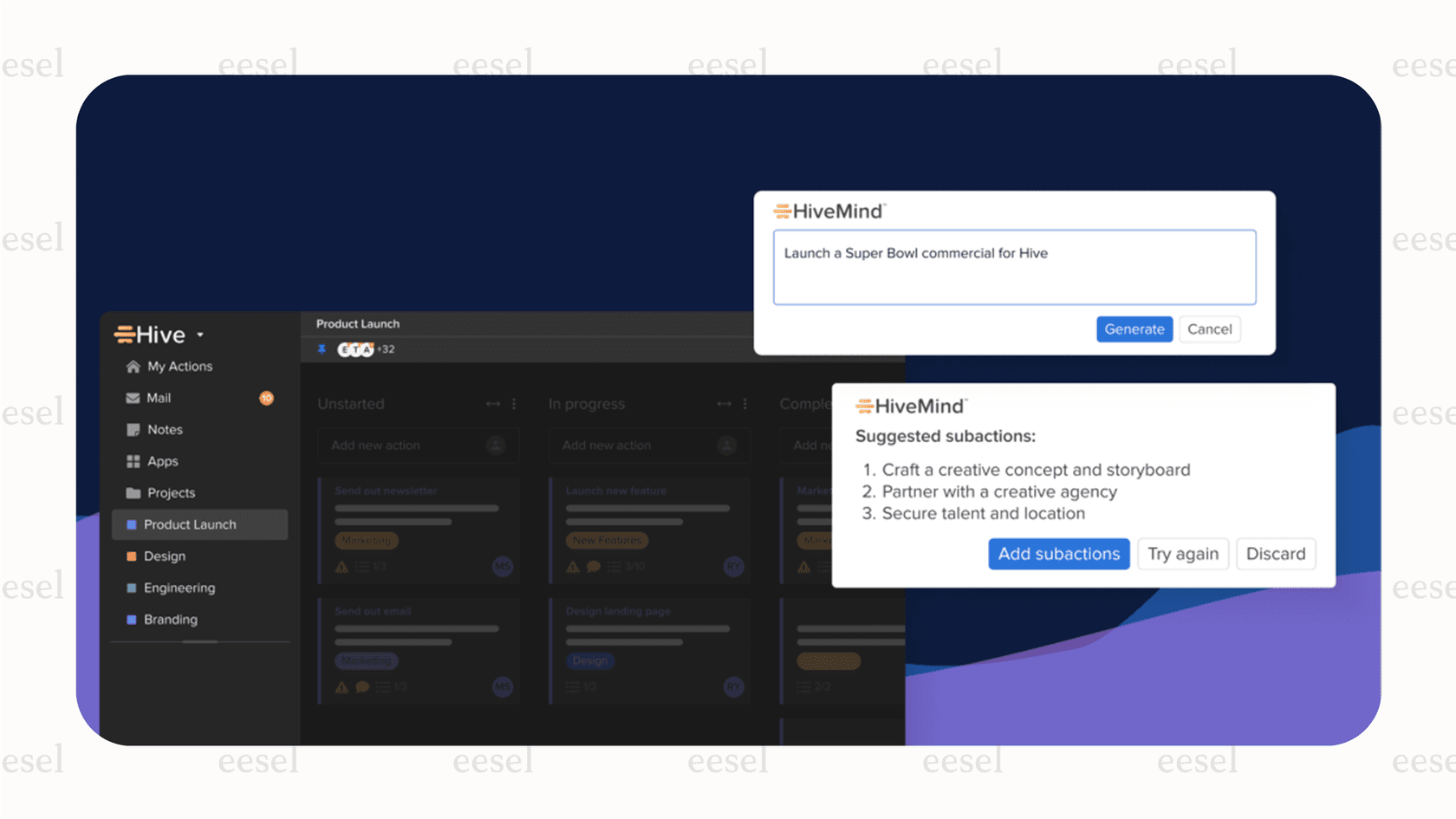 A screenshot of Hive's interface demonstrating how AI project management tools can instantly generate a detailed project plan from a simple text prompt.