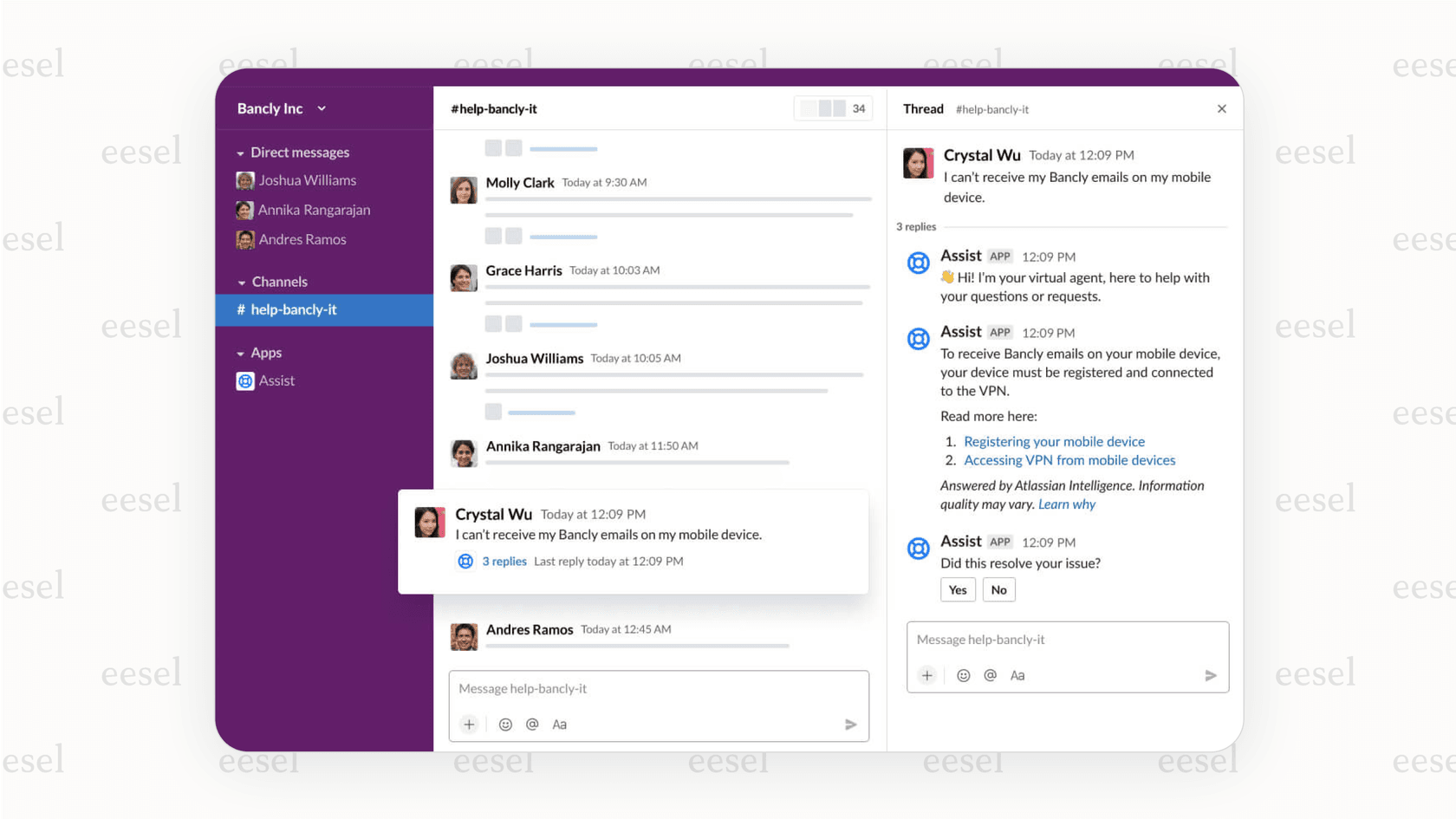 A screenshot of a Slack conversation with the Jira Service Management AI for service desk, where the bot answers a user