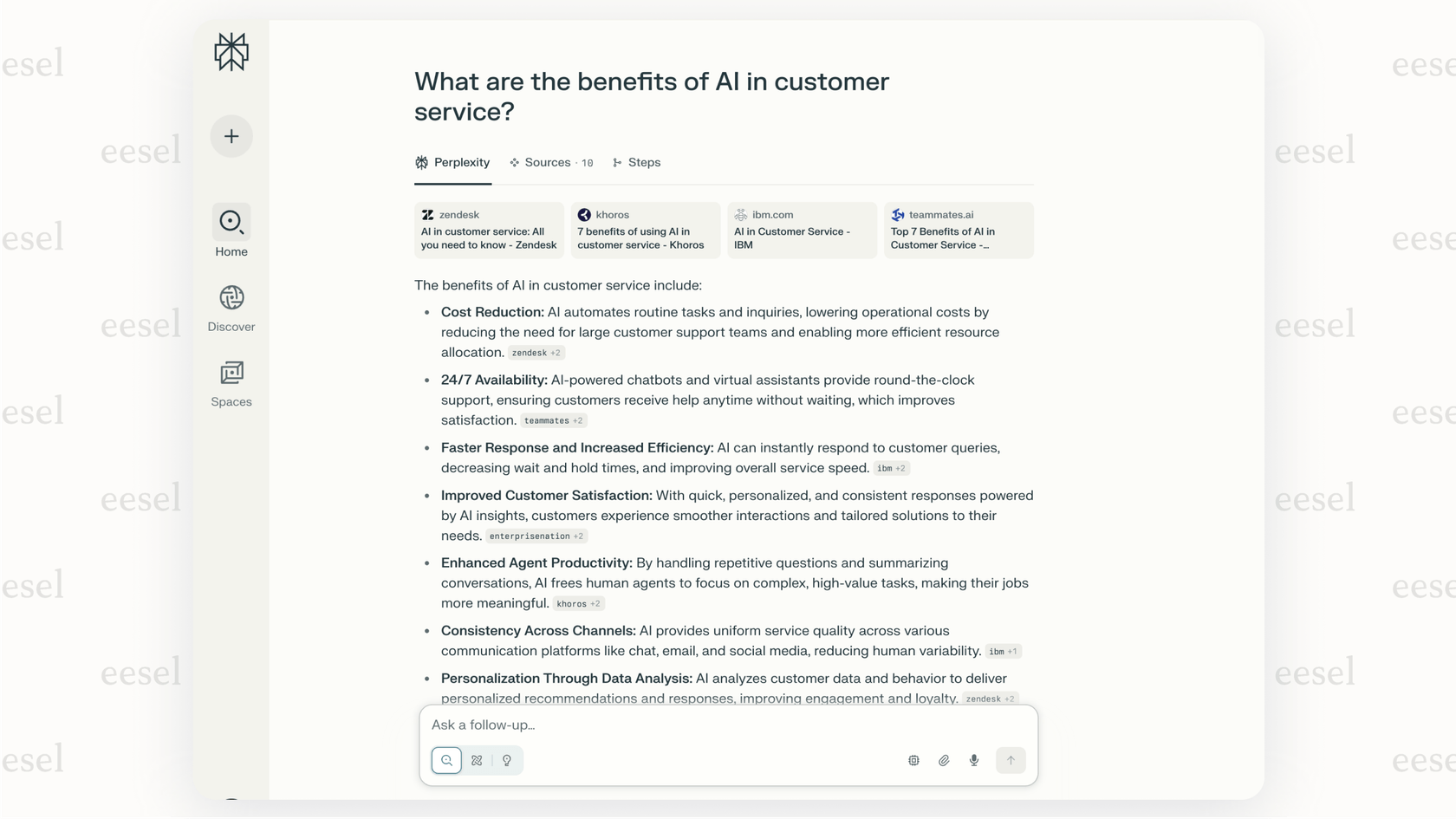 A screenshot of Perplexity AI, an answer engine that is one of the top AI productivity tools for research, showing a direct answer to a query with numbered footnotes that link to the sources used.
