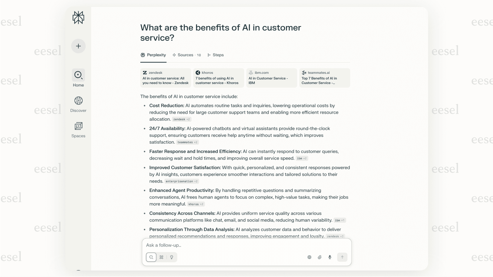 A screenshot of Perplexity AI, an answer engine that is one of the top AI productivity tools for research, showing a direct answer to a query with numbered footnotes that link to the sources used.