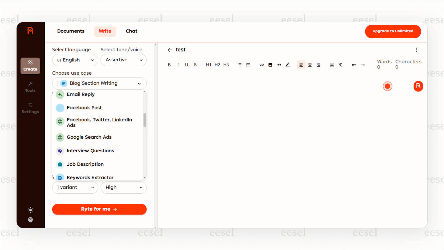 A screenshot of the Rytr user interface displaying its many use cases, highlighting why it's a versatile and affordable option among the best AI for writing tools.