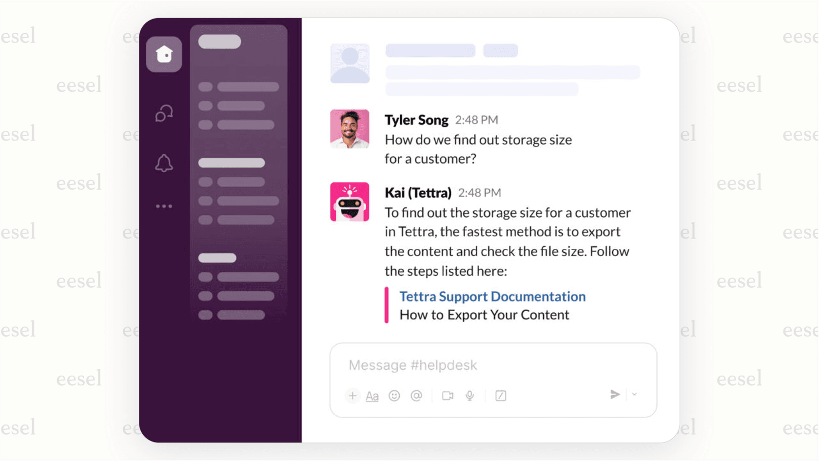 A screenshot showing the Tettra bot in Slack, illustrating how this best knowledge management software captures knowledge directly from conversations.