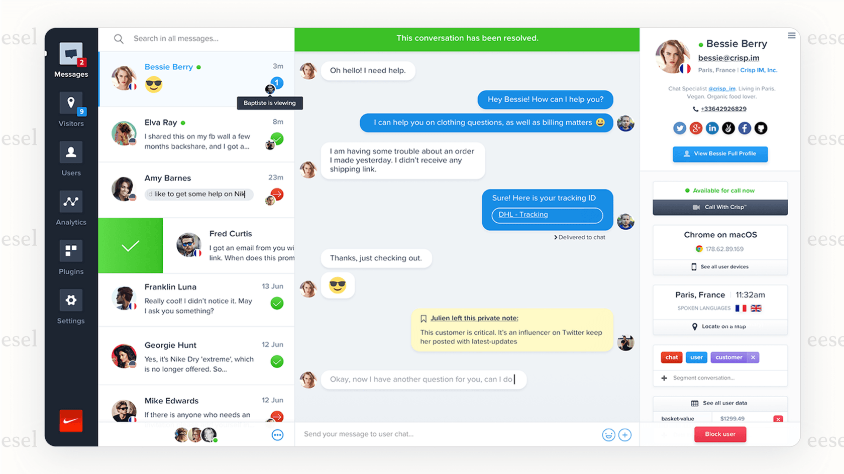 Screenshot of the Crisp dashboard, a flat-rate front alternative, showing the main navigation panel with links to the shared inbox, CRM, and live chat features.