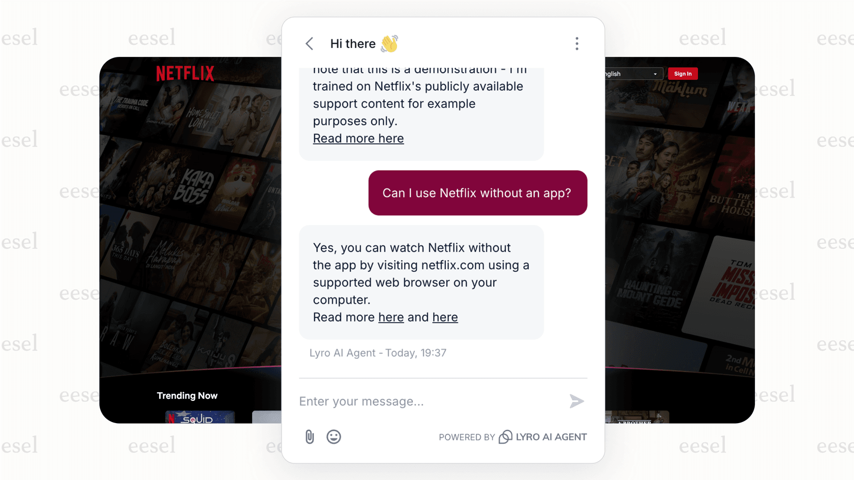 A business website using Tidio's live chat software where the Lyro chatbot is answering a customer query automatically.