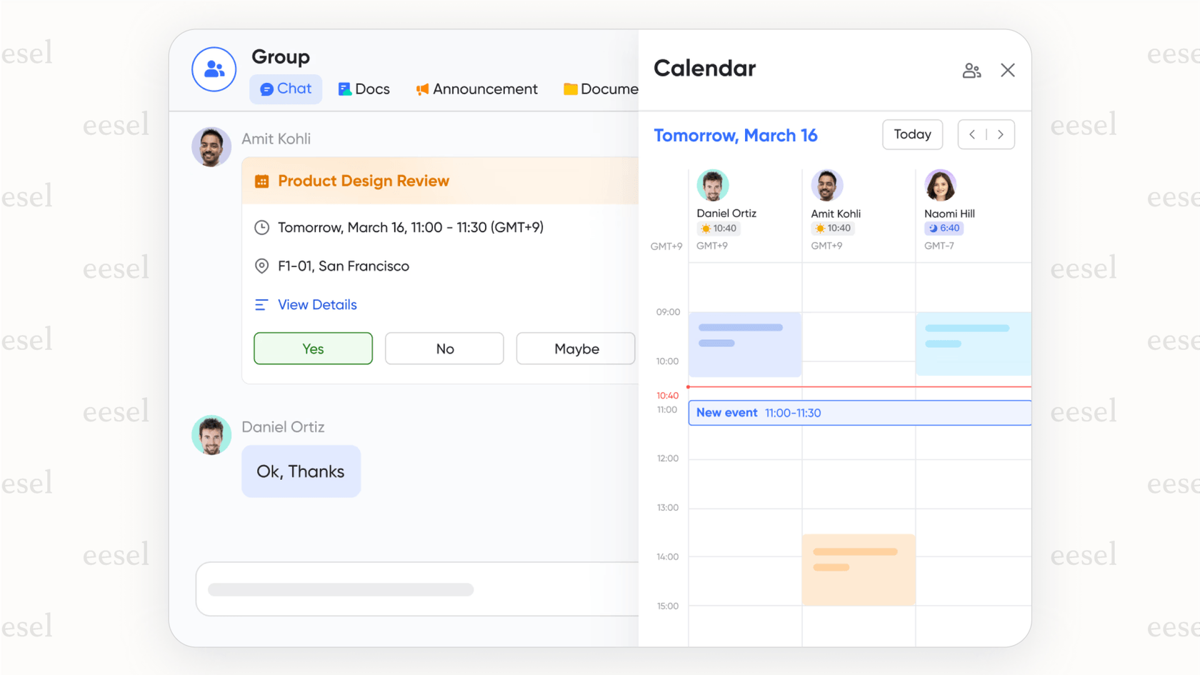 A screenshot of the Lark application showing its unified workspace, with messaging on the left, a team calendar in the middle, and an editable document on the right, highlighting why it