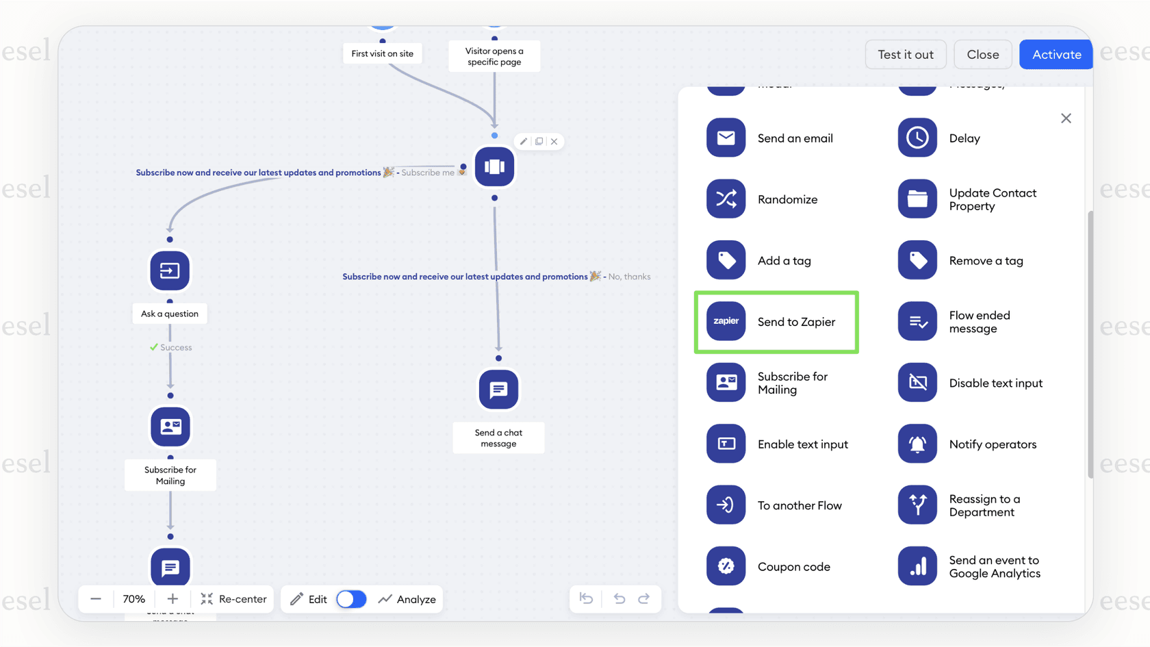 Uma captura de tela do construtor visual do Tidio, que permite que proprietários de pequenas empresas criem conversas automatizadas, tornando-o um dos melhores chatbots para quem tem orçamento limitado.