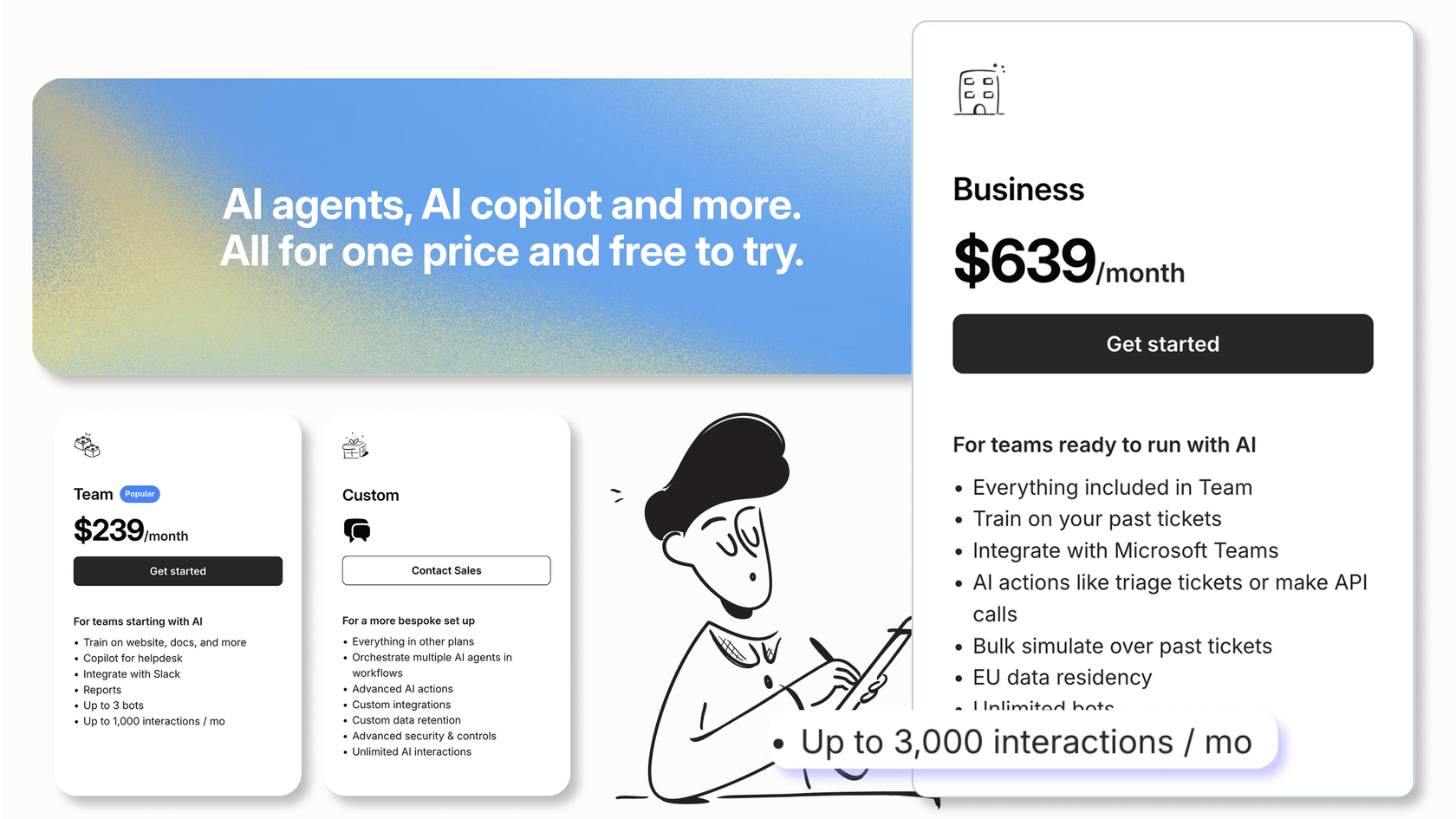 A screenshot of a pricing model that links cost directly to usage, which simplifies calculating financial AI customer service metrics like cost per resolution.