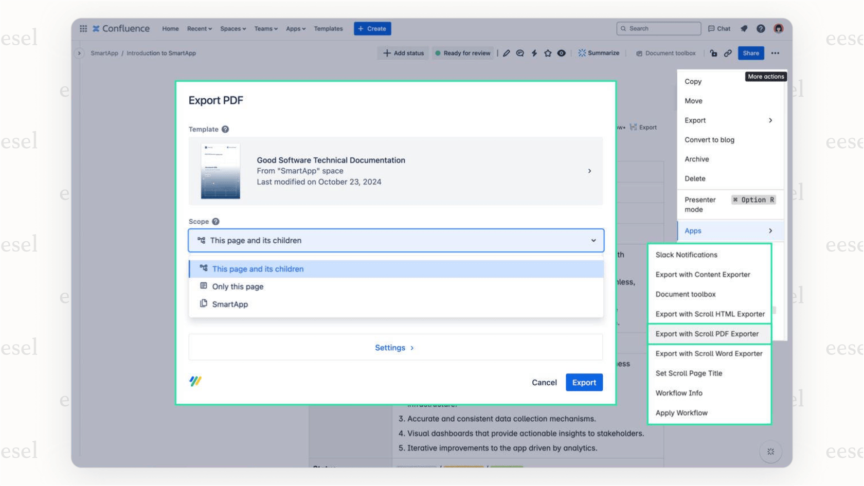 A screenshot of the Scroll PDF Exporter interface, one of the top Confluence apps, showing the customization options for creating a professional PDF document from a Confluence space.