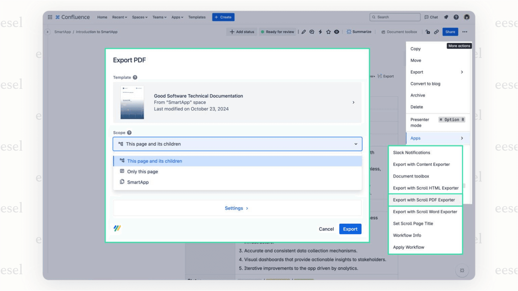 A screenshot of the Scroll PDF Exporter interface, one of the top Confluence apps, showing the customization options for creating a professional PDF document from a Confluence space.