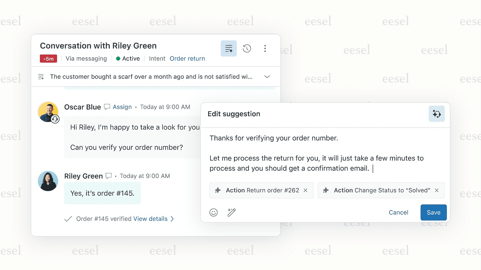 A screenshot demonstrating how the native AI in Zendesk, a popular choice among conversational AI platforms, provides assistance to agents directly in their workspace.
