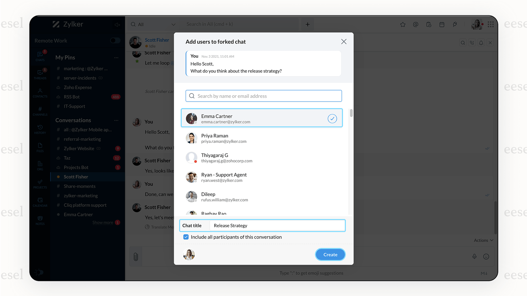 The fork conversation feature in Zoho Cliq, a cost-effective choice among Microsoft Teams alternatives.