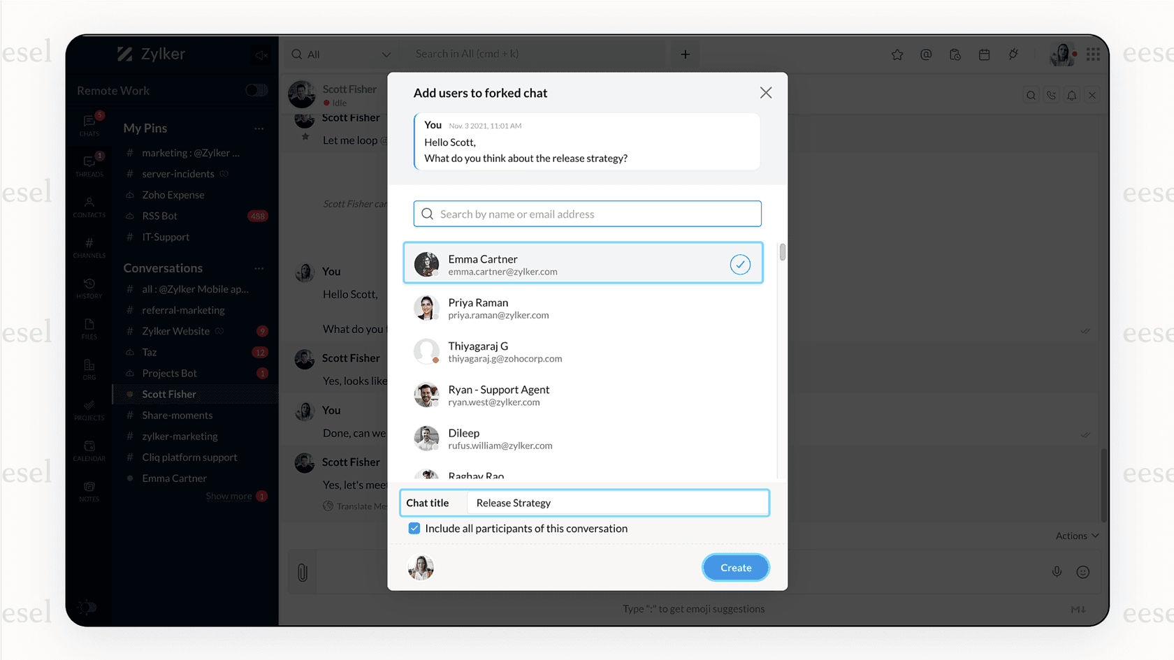 The fork conversation feature in Zoho Cliq, a cost-effective choice among Microsoft Teams alternatives.