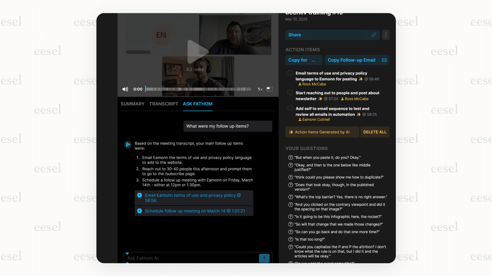 The Fathom user interface displaying a post-meeting summary, which includes action items and a full transcript, demonstrating useful AI tools for business meetings.