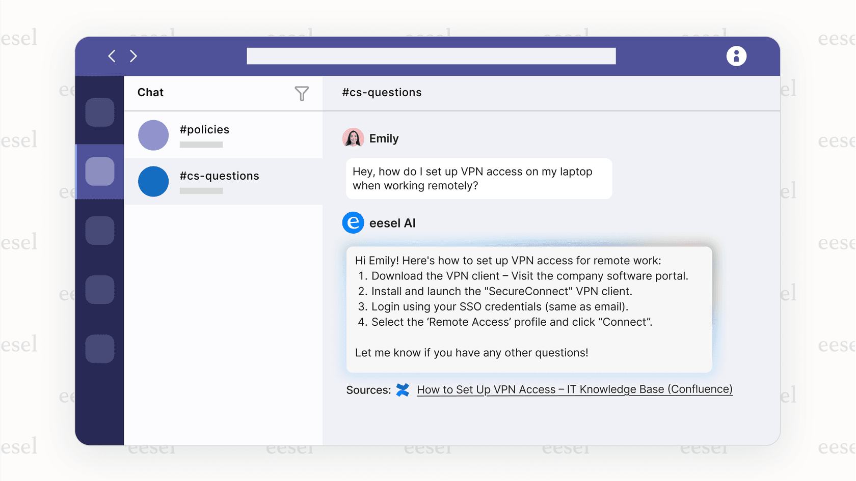 A screenshot showing the eesel AI assistant integrated into Microsoft Teams, demonstrating how the best AI for writing should fit into your workflow.