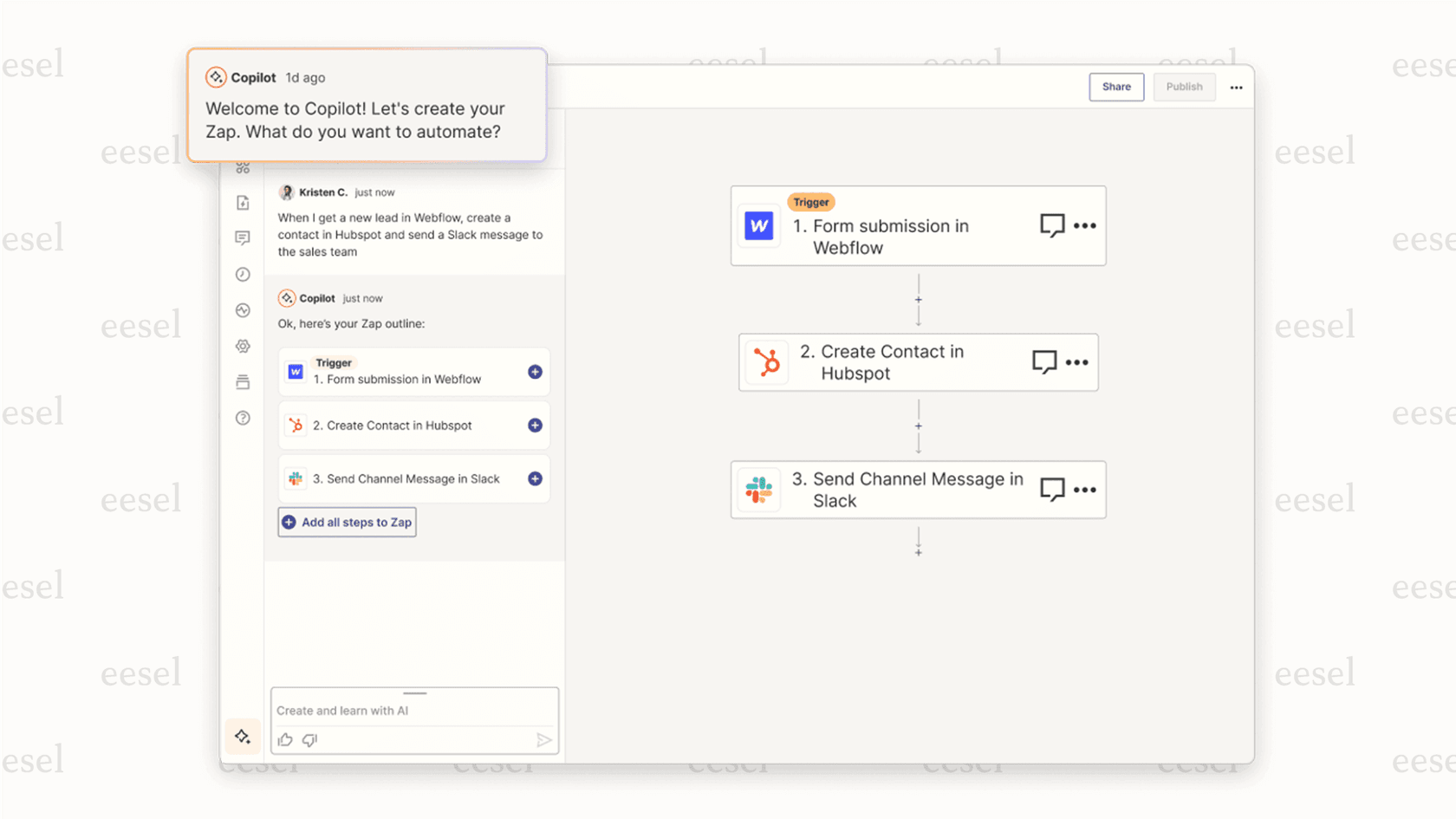 Zapier's AI-powered workflow builder, an example of AI tools for marketing that allow users to create automations using natural language commands.