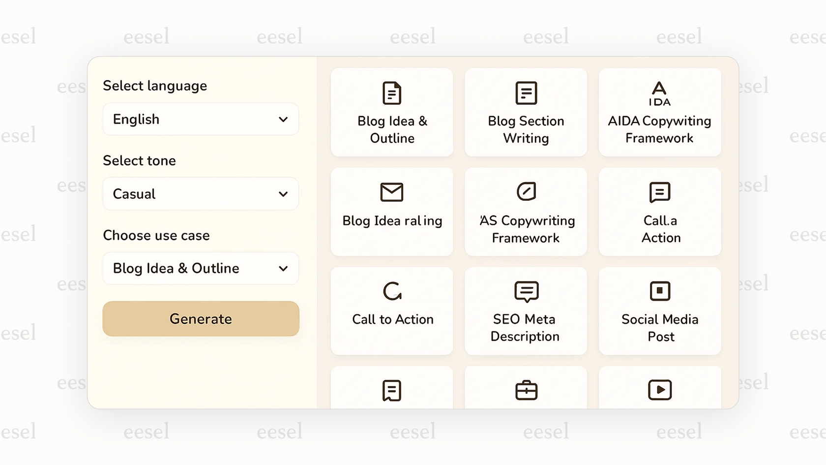 A screenshot of the Rytr AI tool in writing interface, displaying a dropdown menu with dozens of use cases like