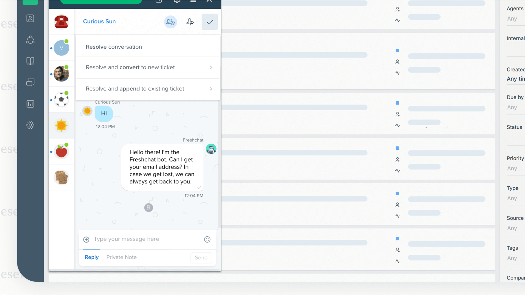 Freshdesk's live chat software featuring Freddy AI, which is shown assisting a support agent with automated suggestions.