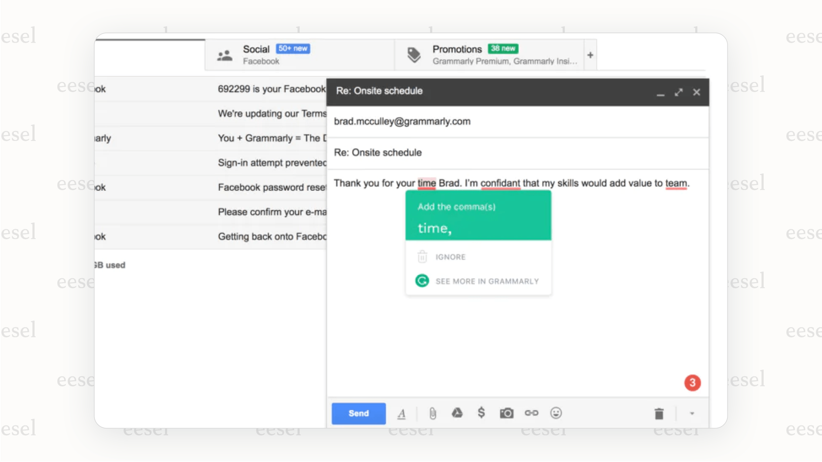 A screenshot of an email being composed where Grammarly, an AI productivity tool, has underlined a phrase and is showing a pop-up suggestion to improve clarity and tone.