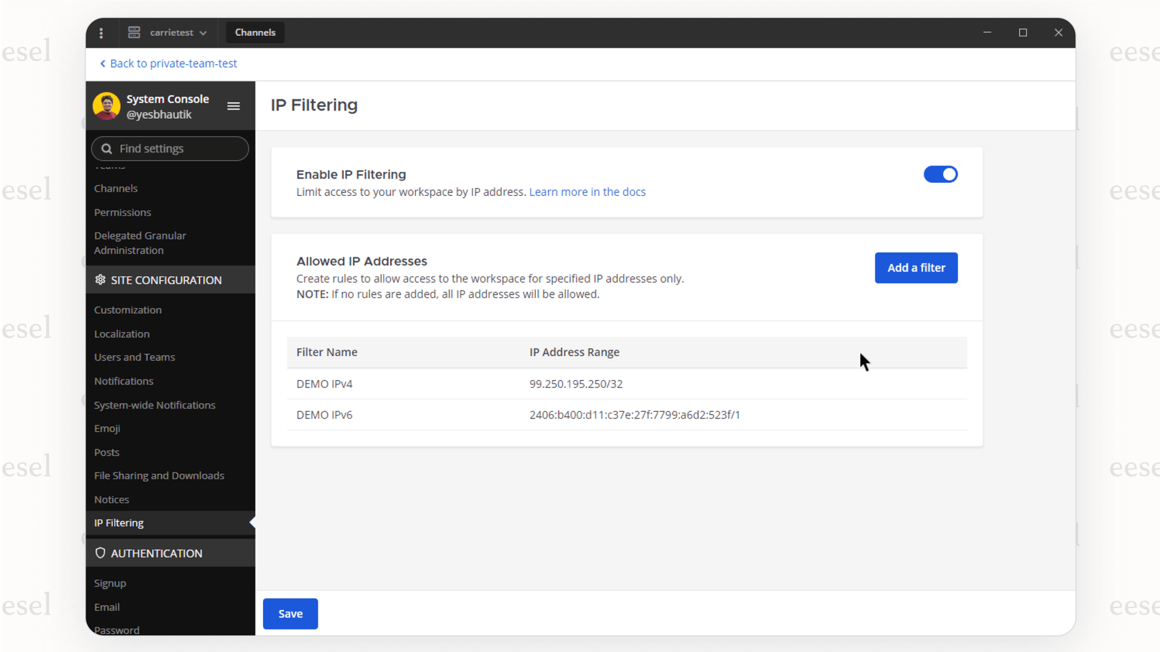 The admin security panel in Mattermost, a top self-hosted option for secure Microsoft Teams alternatives.