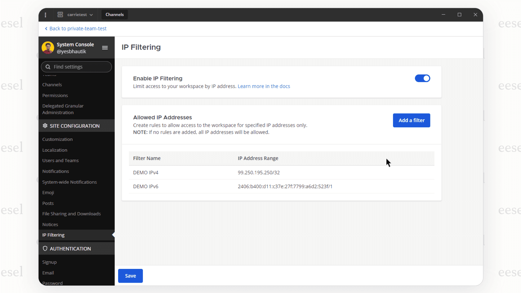 The admin security panel in Mattermost, a top self-hosted option for secure Microsoft Teams alternatives.