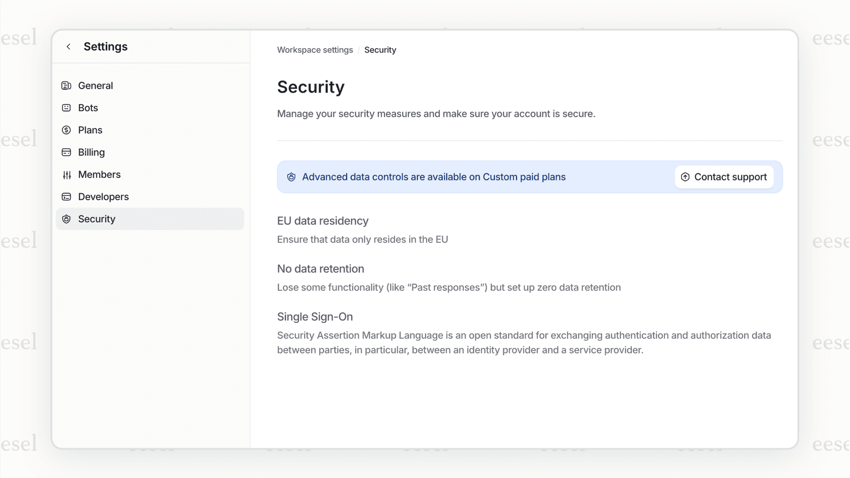 A screenshot of a security dashboard for an AI for school platform, showing controls for data privacy and compliance.