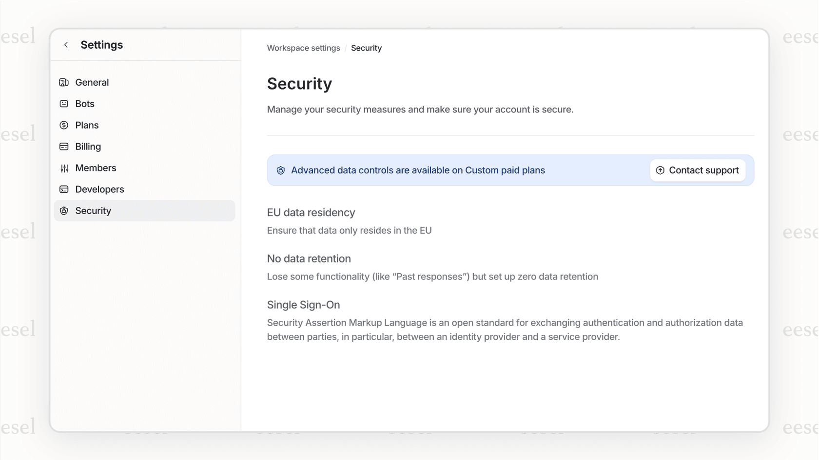 A screenshot of a security dashboard for an AI for school platform, showing controls for data privacy and compliance.