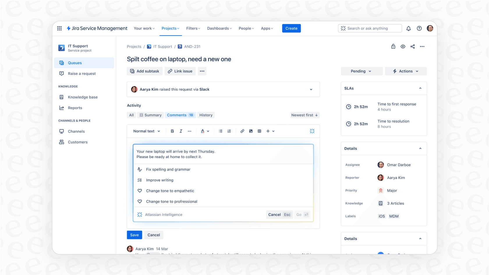 ITサービスマネジメントのリクエスト用に設計された、Jira自動チケット管理システムのユーザー向けポータル。