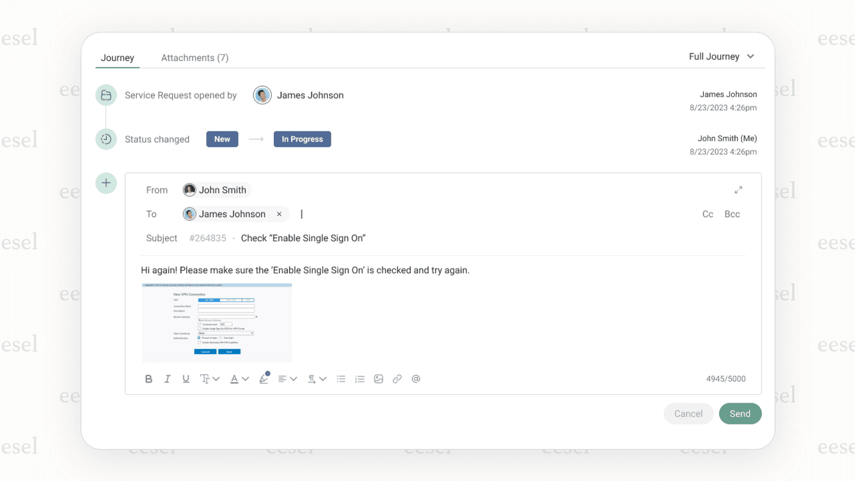 SysAidインターフェースのスクリーンショット。AIコパイロットがITサポートチケットを分析し、ステップバイステップの解決策を提案している。チケット管理用AIの専門的なユースケースを示している。