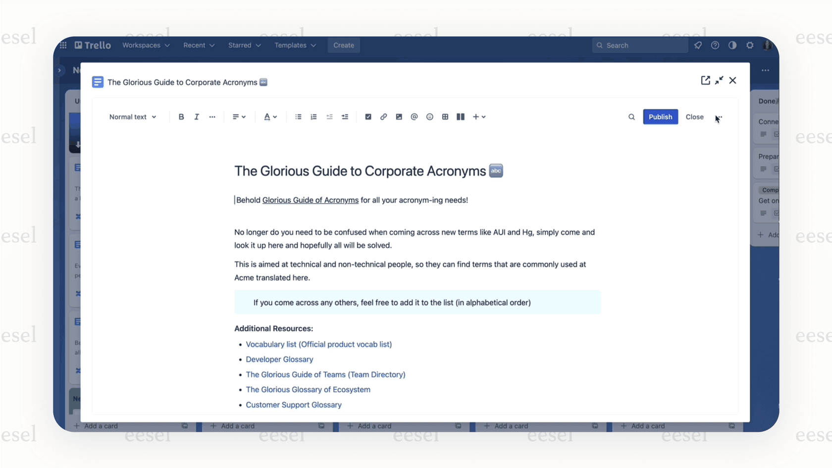 A screenshot of a Trello card demonstrating how its AI feature, part of its AI project management tools, can help with brainstorming and content generation.