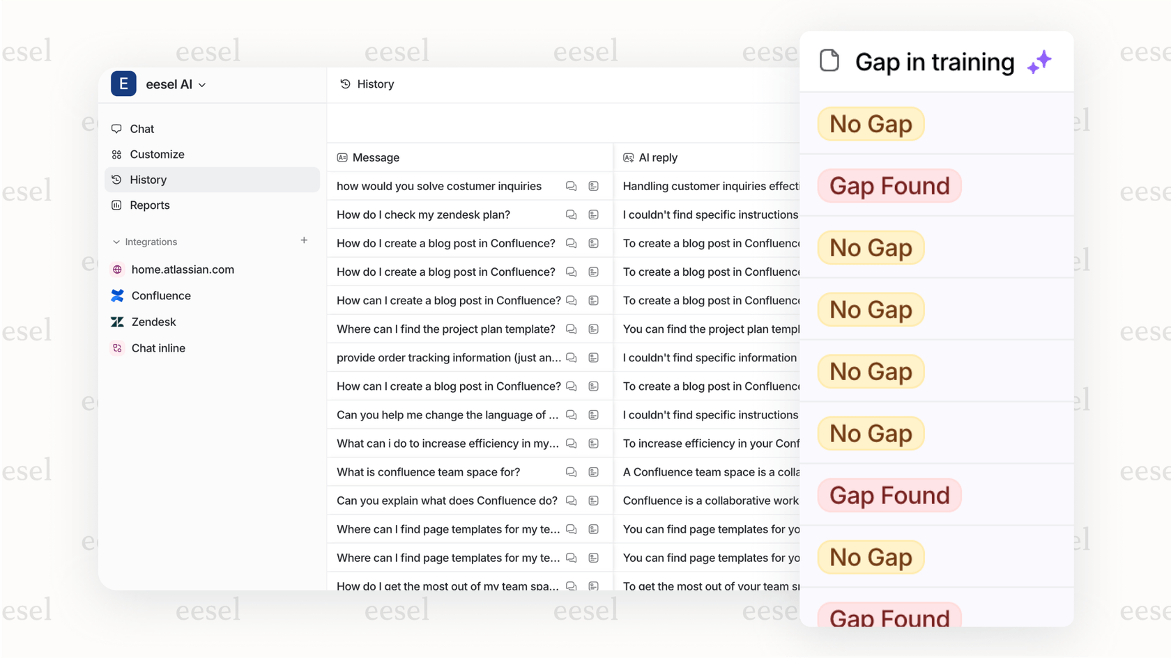 A screenshot of an AI report identifying knowledge gaps, a feature that helps teams proactively improve their support content and key AI customer service metrics.