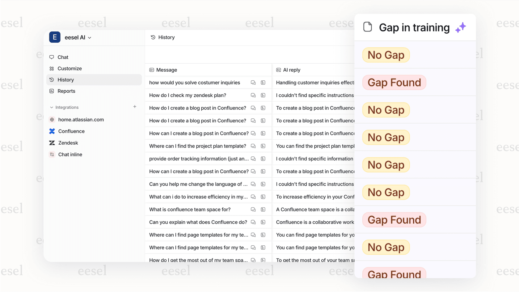 A screenshot of an AI report identifying knowledge gaps, a feature that helps teams proactively improve their support content and key AI customer service metrics.