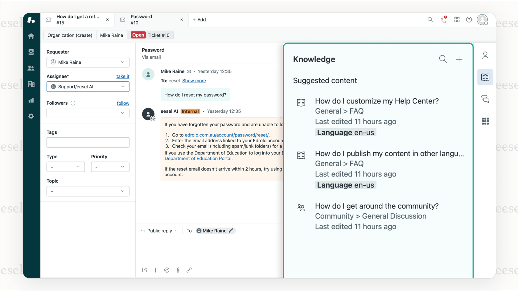 Una captura de pantalla que demuestra la profunda integración de Zendesk AI, mostrando cómo asiste a los agentes directamente dentro de la vista de ticket, convirtiéndolo en uno de los mejores chatbots para los clientes actuales de Zendesk.