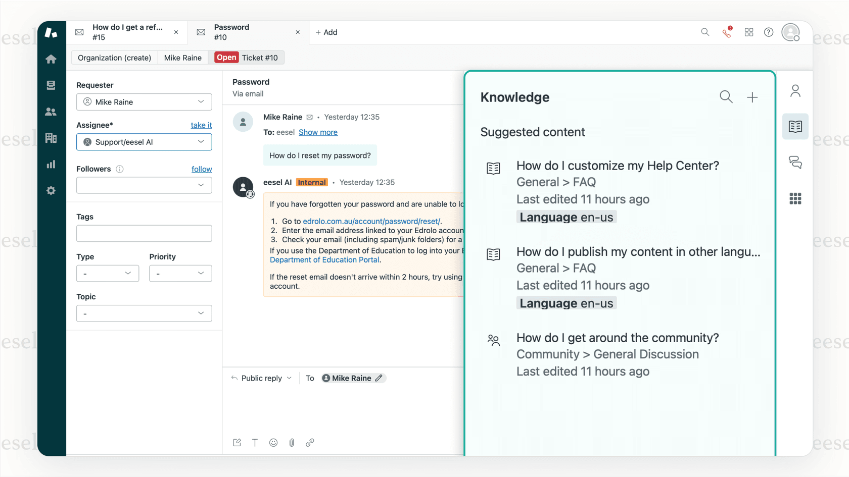 Uma captura de tela demonstrando a integração profunda do Zendesk AI, mostrando como ele auxilia os agentes diretamente na visualização do ticket, tornando-o um dos melhores chatbots para clientes atuais do Zendesk.