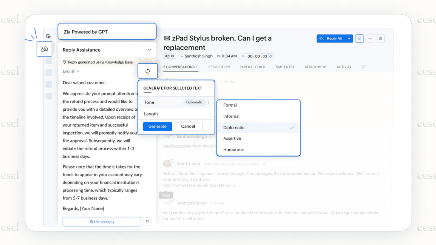 A screenshot of the Zoho Desk platform with the Zia AI assistant providing a contextual suggestion to a support agent, making it a strong choice among kustomer alternatives.
