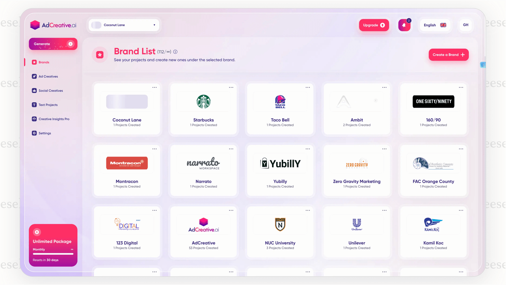 A screenshot from AdCreative.ai showing a variety of AI-generated ad designs, a valuable tool for paid advertising in AI affiliate marketing.