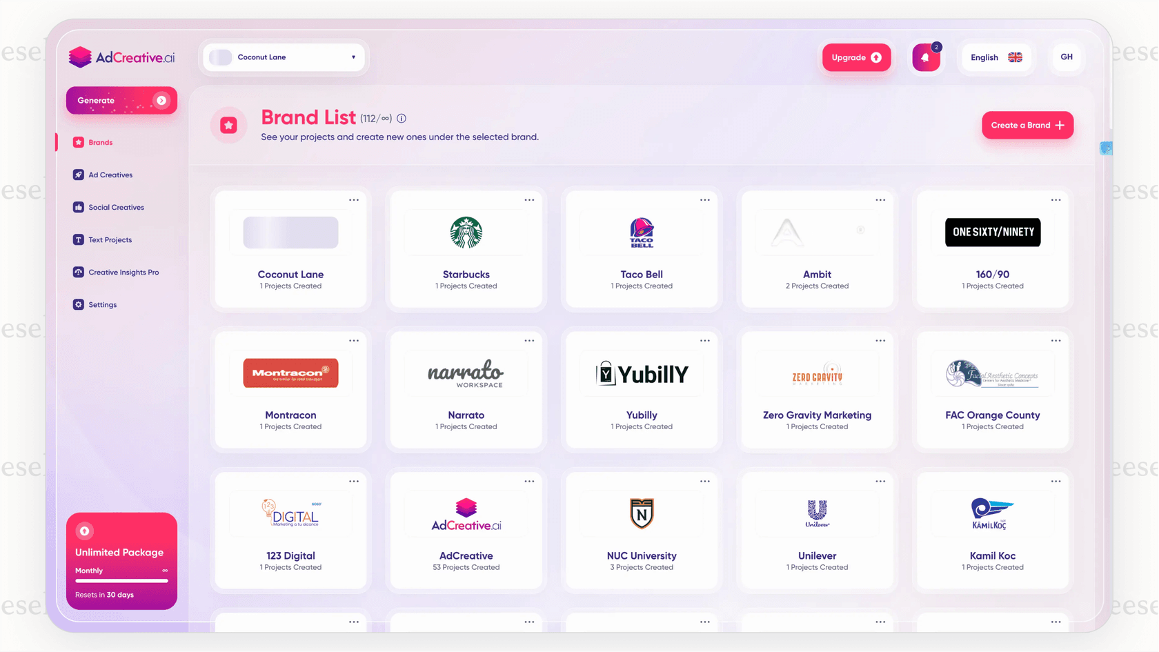 A screenshot from AdCreative.ai showing a variety of AI-generated ad designs, a valuable tool for paid advertising in AI affiliate marketing.
