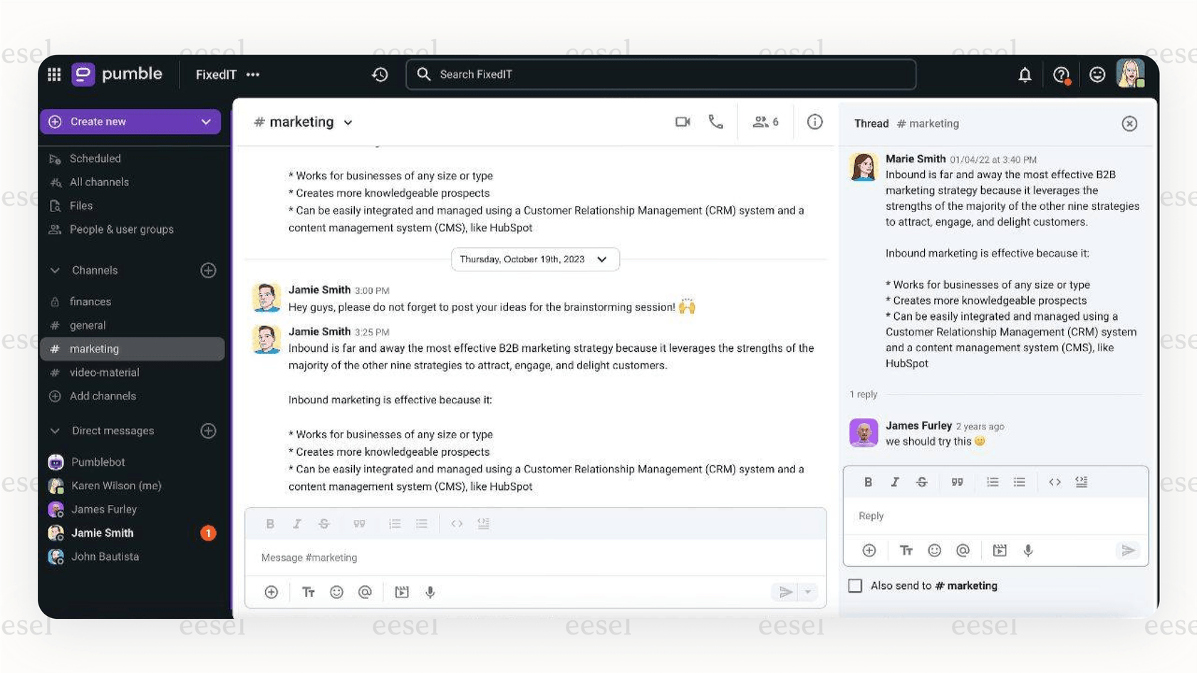 The main screen of the Pumble desktop app, showing a left sidebar with channels and a main window with threaded conversations, illustrating its familiar UI for users looking for free Slack alternatives.