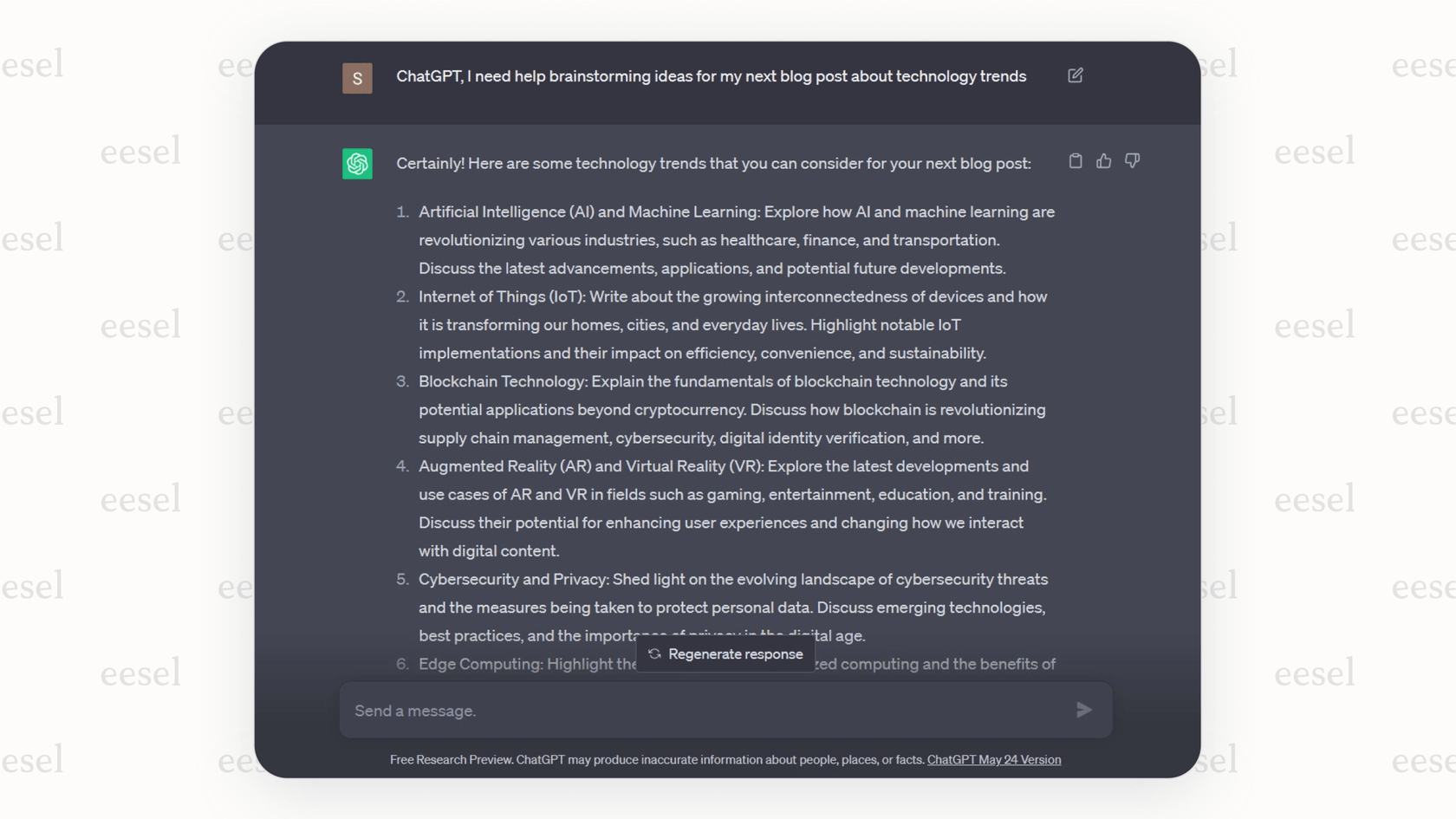 The chat interface of ChatGPT, a general-purpose AI tool in writing, showing a user prompt asking for blog post ideas and the AI