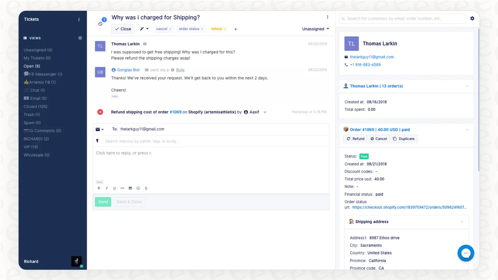 GorgiasのShopifyインテグレーションは、顧客の注文データに即座にアクセスできるため、Gorgiasで複数のブランドを管理するための強力なツールです。