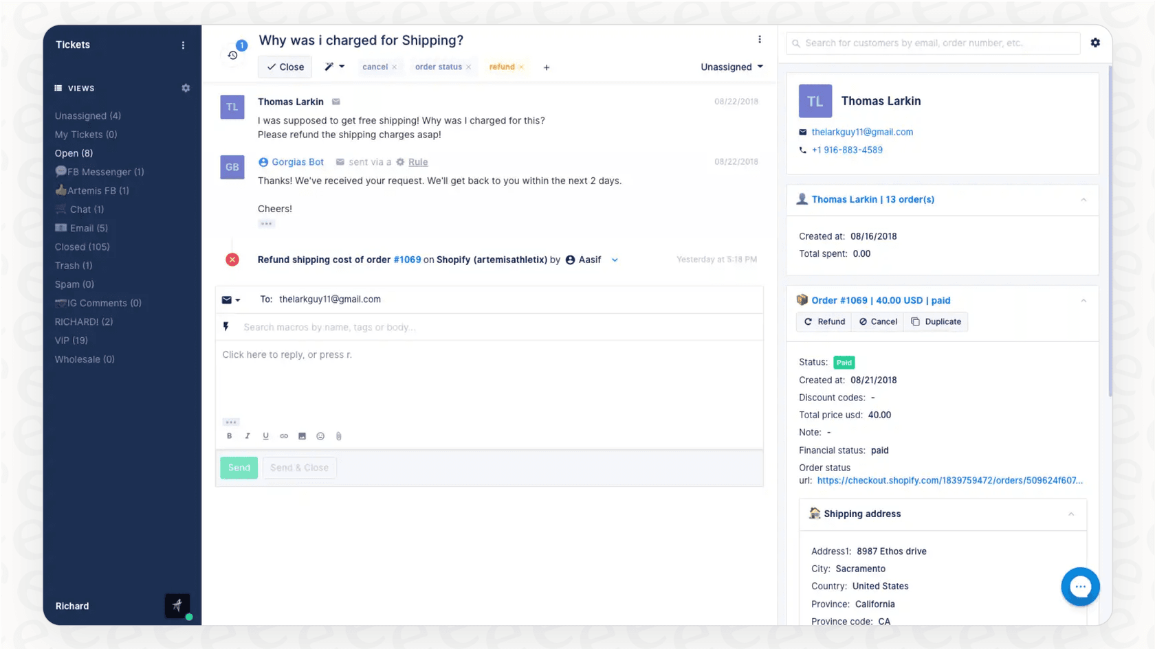 A view of the Gorgias automated ticketing system showing a customer